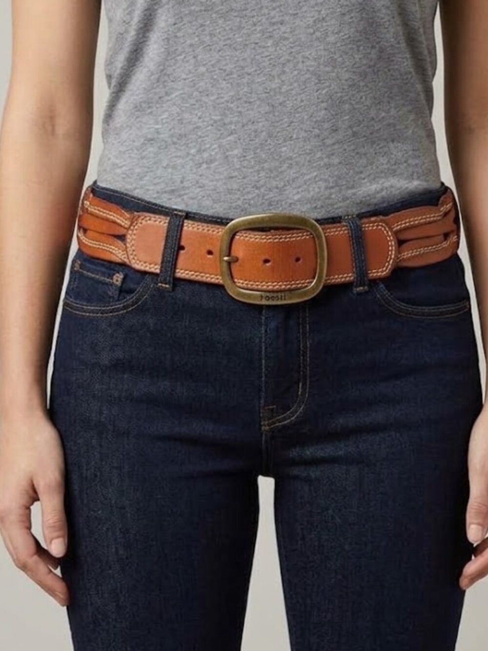 Fossil Tan Leather Belt with Brass Buckle